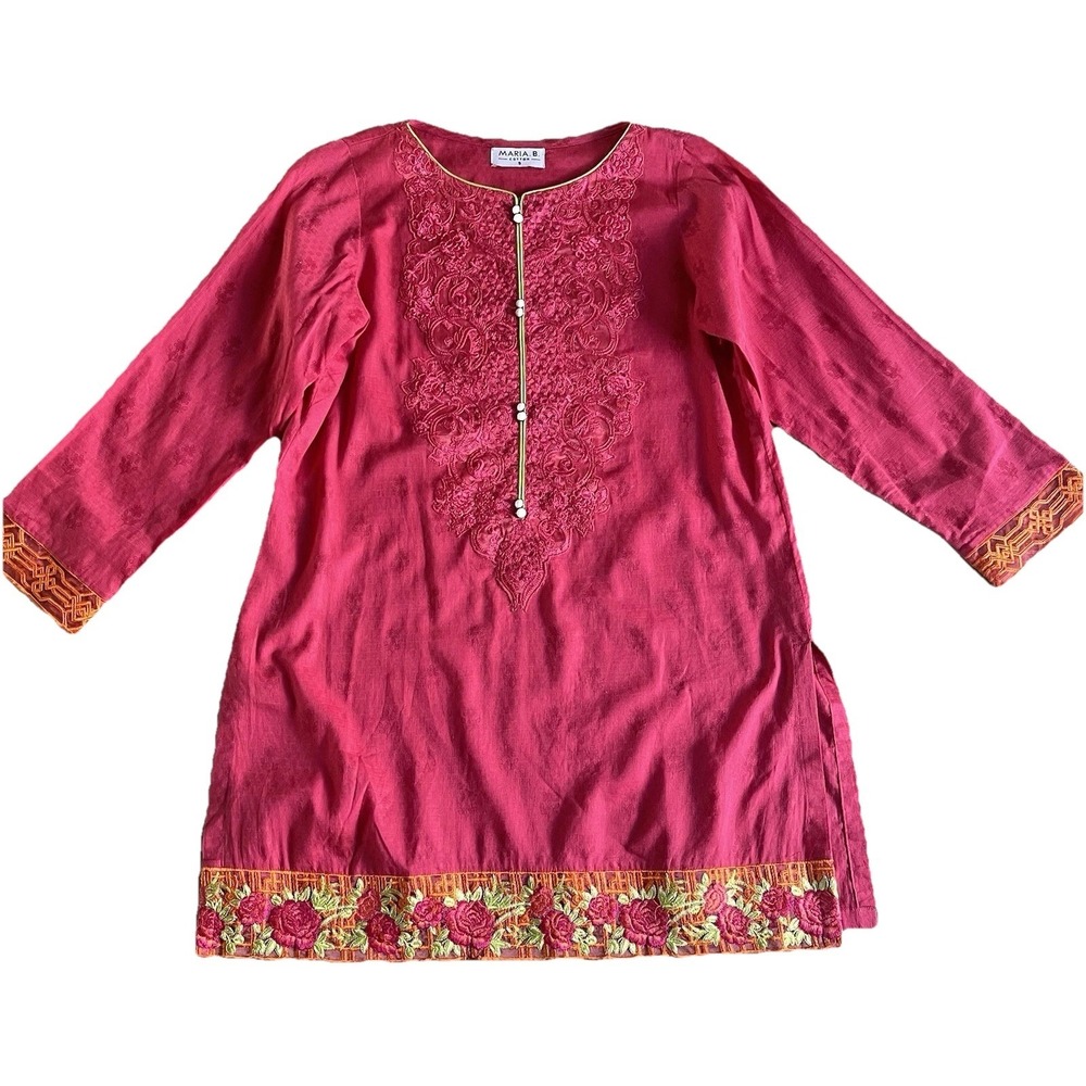 Maria B Cotton Fushia Tunic Small Indian Buttons Embroidery Kurta Top Embellish
